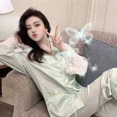 Aiertu - Lace Women's Pajama Set Silky Satin Two-piece Long Sleeve Button Shirt Pj Sets Loose Sleepwear Classic Loungewear Pijama Mujer Aiertu