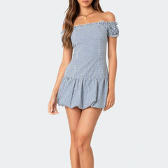 Aiertu - Womens Off Shoulder Mini Party Dress Trendy Plaid Puffball Short Sleeve Tube Top Dress Summer Fairy Short Dress Aiertu