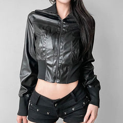 Aiertu - Faux Leather Turtleneck Crop Jacket Stylish Black Motorcycle Style Zipper Coat 100%PU Slim Fit Outwear Punk Street Aiertu