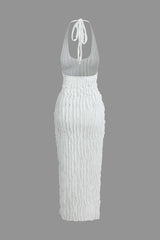 Aiertu Sheer Ruffle Texture Halter Backless Maxi Dress Aiertu