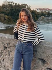 Aiertu - Autumn Winter Basic Striped Cardigan Women White Black O Neck Knitwear Top Outfit Buttons Casual Cardigan Sweater Aiertu