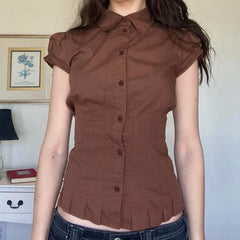 Aiertu - Fashion Chic Brown Summer Shirts Female Folds Slim-Waist Vintage Y2K Top Buttons Pleated Blouse Cropped Clothes Aiertu