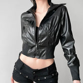 Aiertu - Faux Leather Turtleneck Crop Jacket Stylish Black Motorcycle Style Zipper Coat 100%PU Slim Fit Outwear Punk Street Aiertu