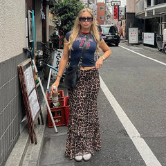 Aiertu - Leopard Print Ruffled Long Skirts For Women Elastic High Waisted Patchwork Loose Female Summer Fashion Club Party Skirts Aiertu