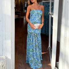 Aiertu - Spring Slim Fit Hem Long Dress Sexy Strapless Floral Print Boho Maxi Dress Womens Summer Fashion Off Shoulder Pleated Dress Aiertu