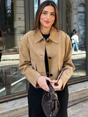 Aiertu - Women Flip Collar Long sleeved Chamois Jacket Dark Brown Double Pocket Loose Casual Fashion Classic Short Coat 2026 Autumn New Aiertu