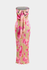Aiertu - Floral Print Pleated Tie Back Strapless Maxi Dress Aiertu