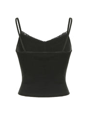 Aiertu - summer inspo Hot Black Solid Lace Patchwork Slim V Neck Basic Cute Camisole Women White Y2K Crop Top Aiertu