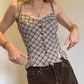 Aiertu - Y2K Women Plaid Vest Sweet Style Retro Buttons Slit Hem Camisole Aesthetic Chic Fashion Tank Top Summer Outfits 2025 Aiertu
