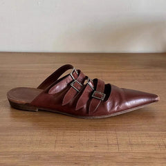 Aiertu - Summer New Women's Brown Wrap Toe Pointed Toe Flat Genuine Leather Belt Buckle Vintage Ladies Outdoor Office Daily Slippers Aiertu
