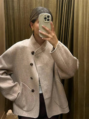 Aiertu - Women Solid Blends Bomber Coat Fashion Loose Single Breasted Long Sleeve Pockets Female Jackets 2026 Chic Lady Commuter Coats Aiertu