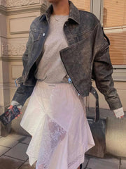 Aiertu - Fashion Pu Leather Zipper Bomber Women Jacket Vintage Solid Lapel Long Sleeved Y2k Short Coat 2026 Lady Motorcycle Outercoat Aiertu