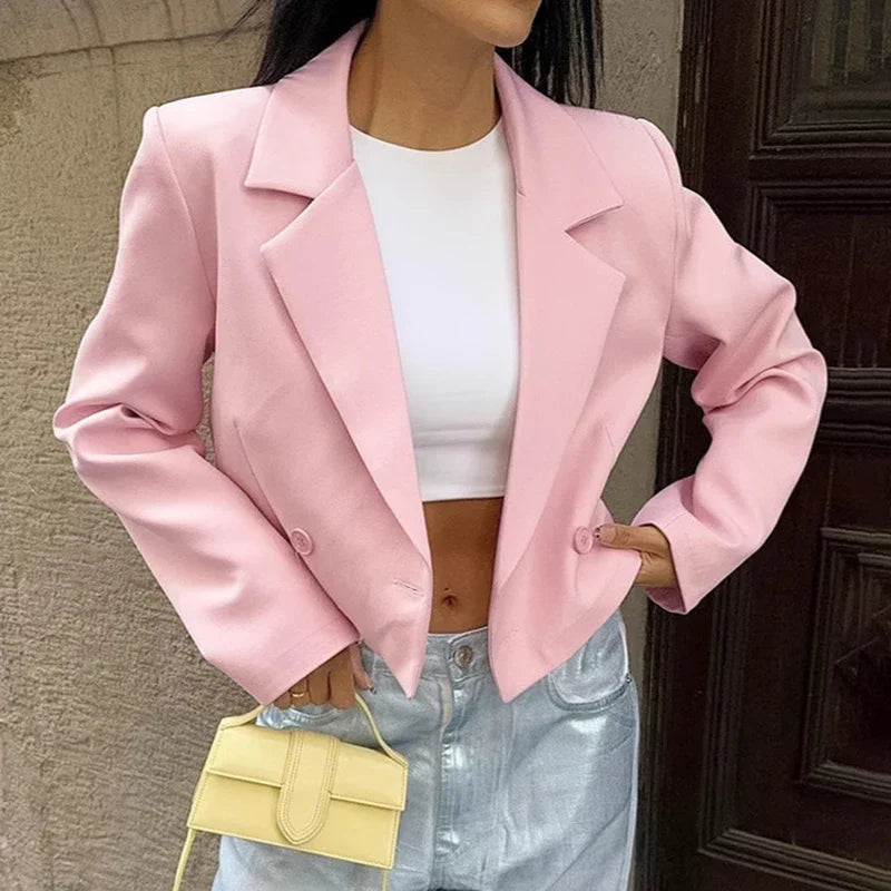 Aiertu - Pink Casual Short Blazers For Women Loose 2026 Autumn Winter New Top Long Sleeve Solid Notched Lady Fashion Blazers Coat Aiertu
