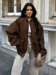 Aiertu - Fashion Single Breasted Big Pockets Bomber Jackets Women Casual Loose Long Sleeve Button Coats 2026 Female Vintage Outerwears Aiertu