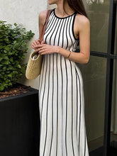 Aiertu - 2026 New Black White Stripe Print Knit Dress Fashion Round Neck Sleeveless Slim Long Dresses Female High Street Casual Robes Aiertu