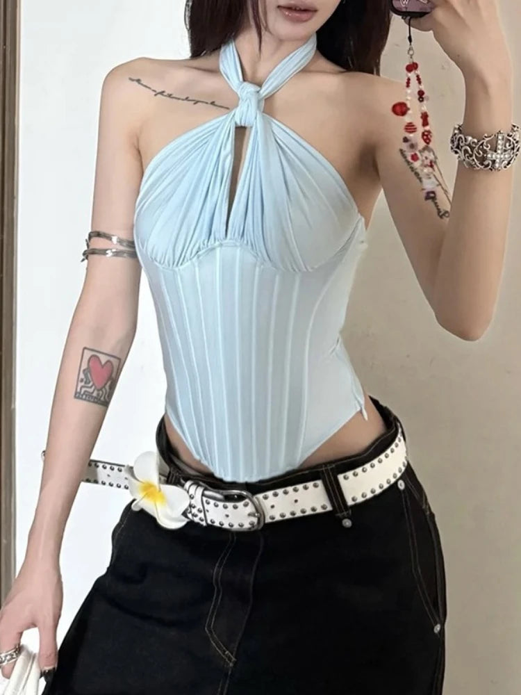 Aiertu - Y2k Aesthetic Halter Bandage Pleated Tank Top Women Streetwear Backless Bodycon Tanks 2026 Summer Sexy Grunge Cropped Camisole Aiertu