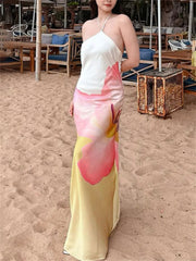 Aiertu - Fashion Printed Backless Maxi Dress Female Summer 2025 Slim Sleeveless Contrast Loose Halter Dress Women's Y2k Long Dress Aiertu