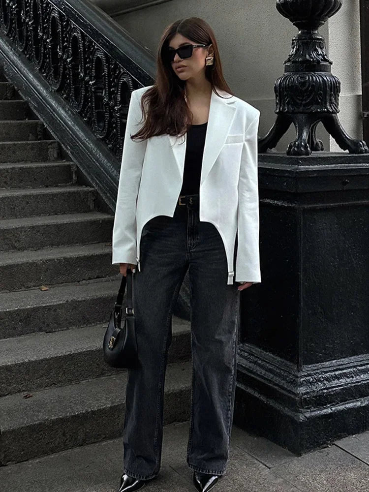 Aiertu - Fashion White Irregular Suit Jacket For Women Elegant Lapel Long Sleeve Short Blazer Coat 2026 Chic Lady Street Outerwear Aiertu