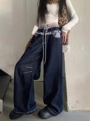 Aiertu - Drawstring Waist Patchwork Baggy Jeans Women Vintage Wash Wide Leg Frilly Striped Denim Pants Korean Y2k Streetwear Aiertu
