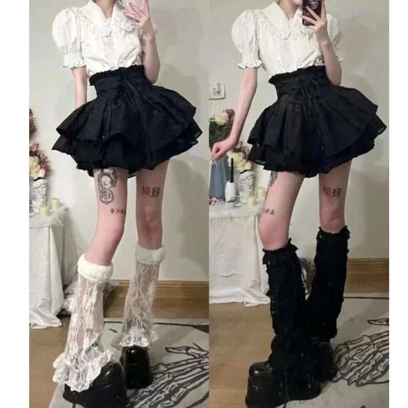 Aiertu - Punk Y2k Aesthetic High Waist Japan Tiered Skirts Harajuku Flower Print Gothic Lolita All Match Clothes Japan Lazy Girl Bottom Aiertu