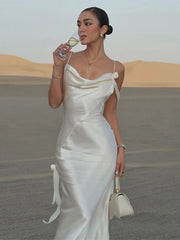 Aiertu - Large Backless Slip Dress Satin Ribbon Halter Robe French Tassels Pleated Sexy Swingneck Vocation Beach Women White Long Dresses Aiertu