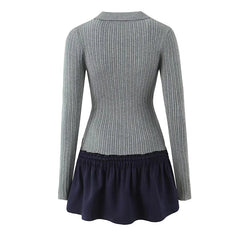 Aiertu - Women American Retro Knit Patchwork Mini Dress Long Sleeve Lapel Collar Autumn Dresses Fit And Flare Short Ballet Robe Aiertu