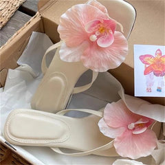 Aiertu - Flower Decoration Shoes for Womens Square Toes Solid Flat Heels Sewing Lines Zapatos Mujer PU Ladies Front Strap Chassure Femme Aiertu