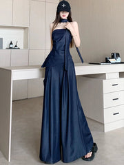 Aiertu - Advanced retro Tencel denim suit women's summer fashion sequin strapless top high waist wide leg pants skirt two-piece set Aiertu