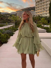 Aiertu - Fashion Green Ruffles Pleated Dress For Women Round Neck Long Sleeve Mini Dresses New Elegant Female Vacation Party Vestidos Aiertu
