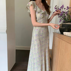 Aiertu Sweet Long Floral Plaid Summer Chiffon Dress Women Sashes Flying Sleeve A-line Midi Sundress Female Woman Clothes 2025 Aiertu