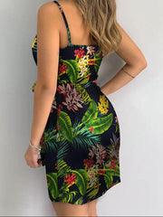 Aiertu Tropical Print V-Neck Wrap Casual Dress Women Sleeveless Summer Holiday Mini Dress Aiertu