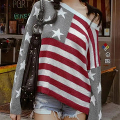 Aiertu - Knitted Sweater Y2k Aesthetic Retro Contrast Color Pullover Loose Harajuku Slant Collar Casual Star Jacquard Sweater Aiertu