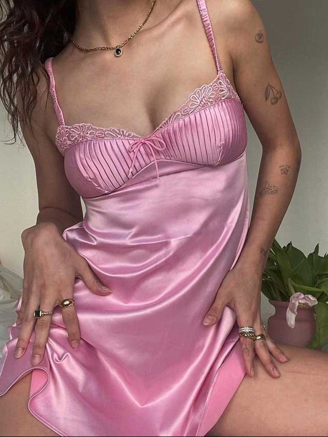 Aiertu pink satin slip dress women pinktuck details mini sexy women dress hollow out back chic ladies dress summer party Aiertu