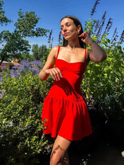Aiertu - Women Sexy Red Mini Dress Slim-fitting Bright Spaghetti Strap High Waist Low-cut Short Pleated Vestidos Beach Pool Party Wear Aiertu