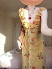 Aiertu - Korean Style V-neck Floral Dress for Women's Spring Summer Ruffled Edges Sleeveless Mermaid Dress Fashion Female Clothes Aiertu