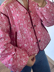 Aiertu - Elegant V Neck Print Quilted Short Cotton Jacket Casual Long Sleeves Single Breasted Warm Coat Autumn Winter Lady Thick Outwears Aiertu