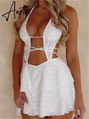 Deep V-neck Backless Mini Dress for Women Sexy Off Shoulder Hollow Out Halter Ruched Short Dress Party Club Aiertu