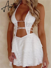 Deep V-neck Backless Mini Dress for Women Sexy Off Shoulder Hollow Out Halter Ruched Short Dress Party Club Aiertu