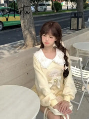 Deeptown Kawaii Cute Japanese Yellow Sweatshirts Women Egirl Cartoon Bow Long Sleeve Pullover Korean Style Oversize Loose Tops Aiertu