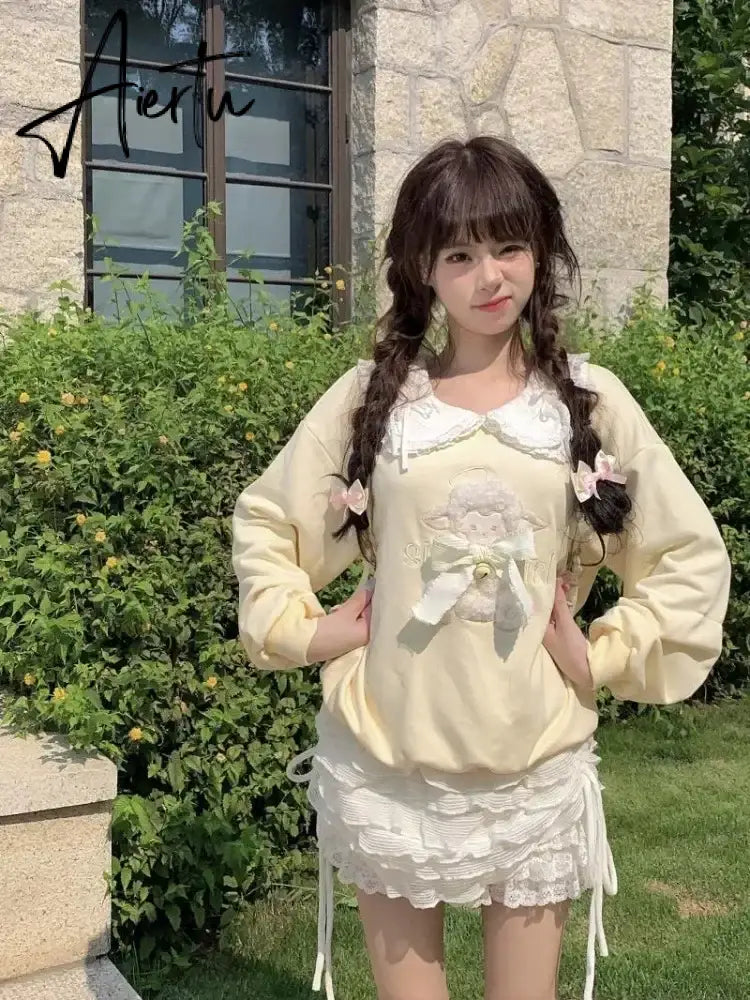 Deeptown Kawaii Cute Japanese Yellow Sweatshirts Women Egirl Cartoon Bow Long Sleeve Pullover Korean Style Oversize Loose Tops Aiertu