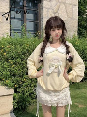 Deeptown Kawaii Cute Japanese Yellow Sweatshirts Women Egirl Cartoon Bow Long Sleeve Pullover Korean Style Oversize Loose Tops Aiertu