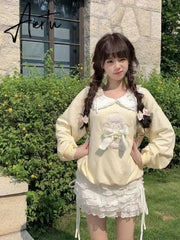 Deeptown Kawaii Cute Japanese Yellow Sweatshirts Women Egirl Cartoon Bow Long Sleeve Pullover Korean Style Oversize Loose Tops Aiertu