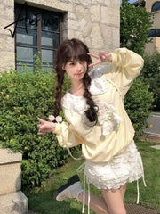 Deeptown Kawaii Cute Japanese Yellow Sweatshirts Women Egirl Cartoon Bow Long Sleeve Pullover Korean Style Oversize Loose Tops Aiertu