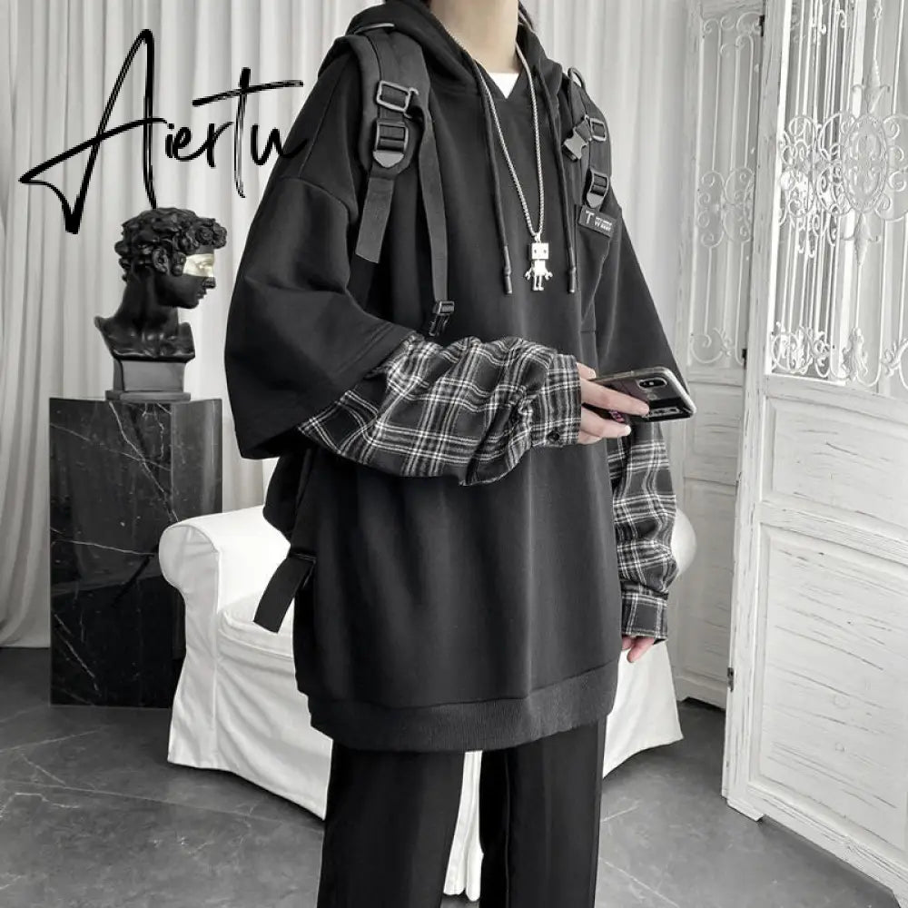 Deeptown Vintage Hoodie Women Streetwear Oversized Sweatshirt Punk Long Sleeve Pullovers Korean Grunge Plaid Splice Hoody Aiertu