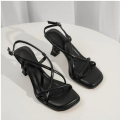 Aiertu - Summer New Simple Square Headed Slim Strap Thick Heel Sandals for Women, Straight Toe Open Toe Sandals for Women Aiertu