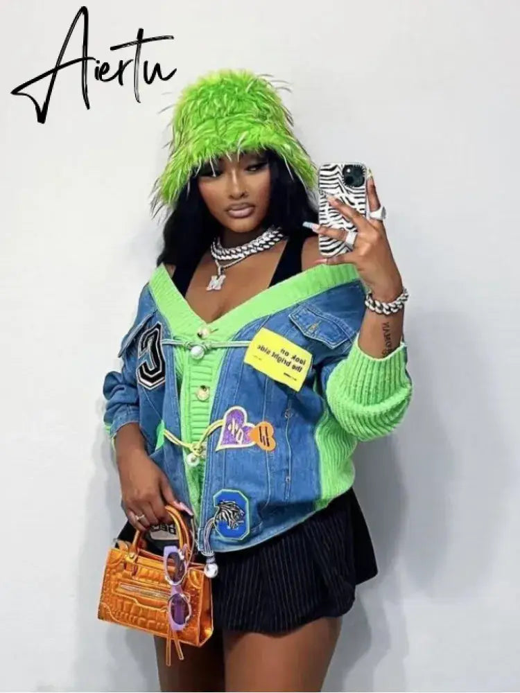 Aiertu Denim Patchwork Knit Sweater Cardigans Women V-Neck Full Sleeve Button Up Oversized Jacket Coat Fall Streetwear Aiertu