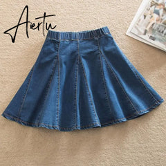 Denim Skirt With Ruffles 6XL 7XL Plus Size Jeans Skater Woman High Waist Bottom Female Casual Pleated Micro Mini Short Jurken Aiertu