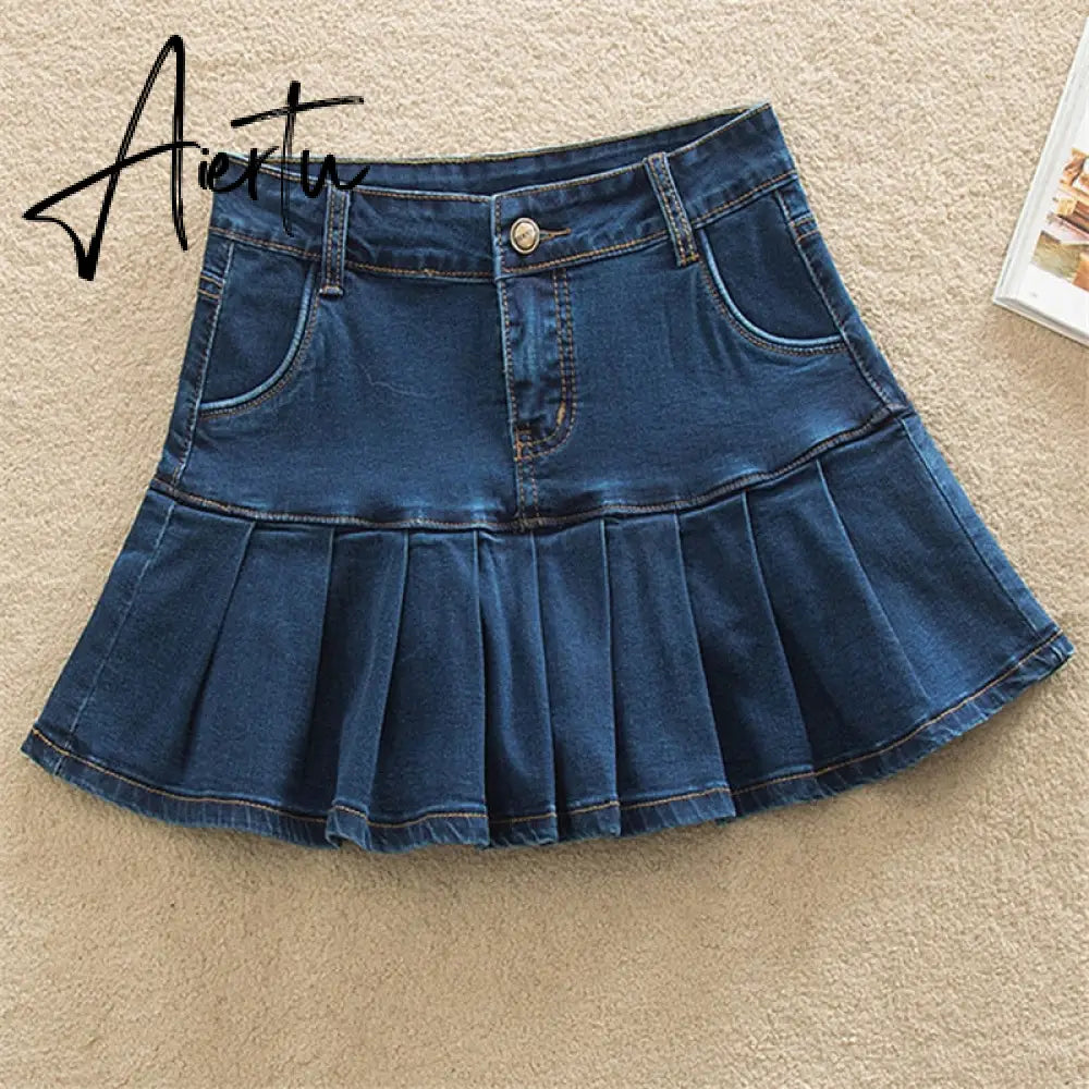 Denim Skirt With Ruffles 6XL 7XL Plus Size Jeans Skater Woman High Waist Bottom Female Casual Pleated Micro Mini Short Jurken Aiertu