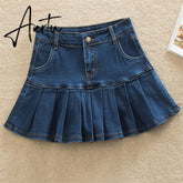 Denim Skirt With Ruffles 6XL 7XL Plus Size Jeans Skater Woman High Waist Bottom Female Casual Pleated Micro Mini Short Jurken Aiertu