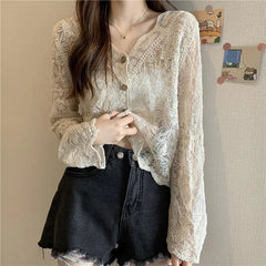 Aiertu Vintage Lace Blouse Women Sheer Long Sleeve Sunscreen Shirt Cardigan Vacation Korean Elegant Casual Sun Protection Top Aiertu
